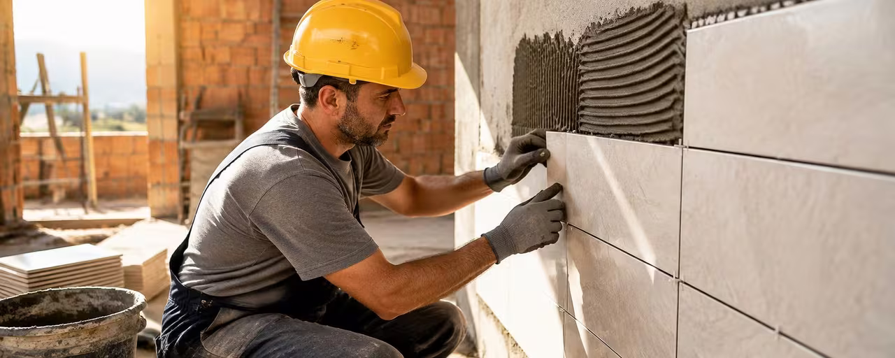 Skilled work fitting ceramic wall tiles on a construction site