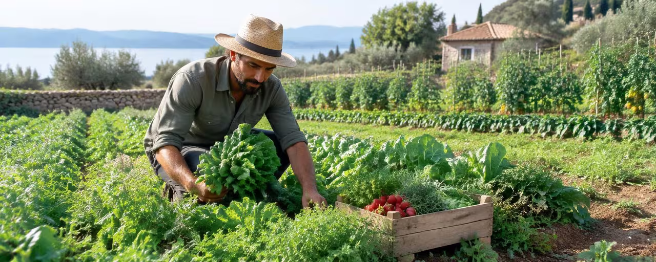 Harvesting organic vegetables and herbs on a family farm