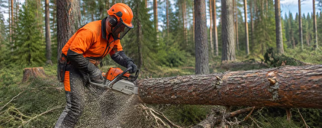 Using a chainsaw in a forest while wearing protective equipment
