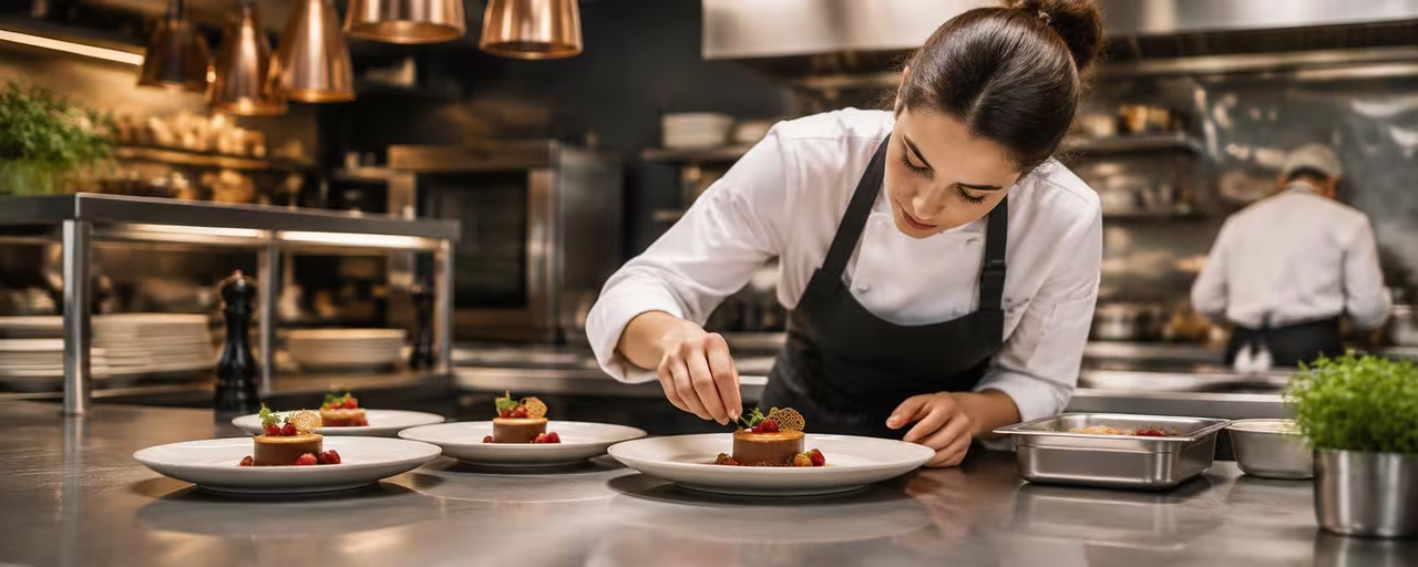 Preparing and decorating desserts in a professional kitchen