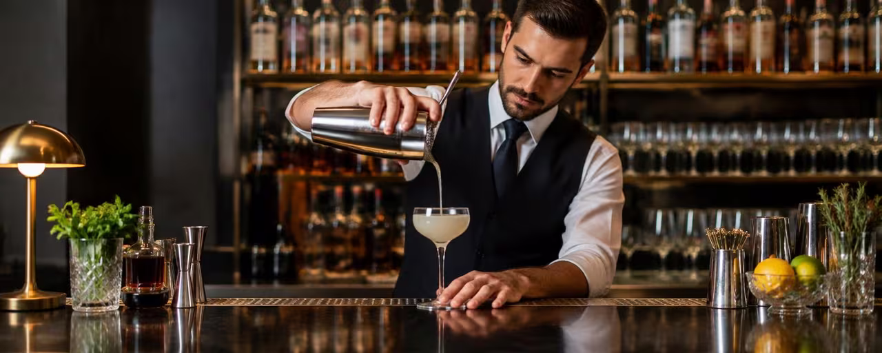 Preparing mixed drinks behind the bar