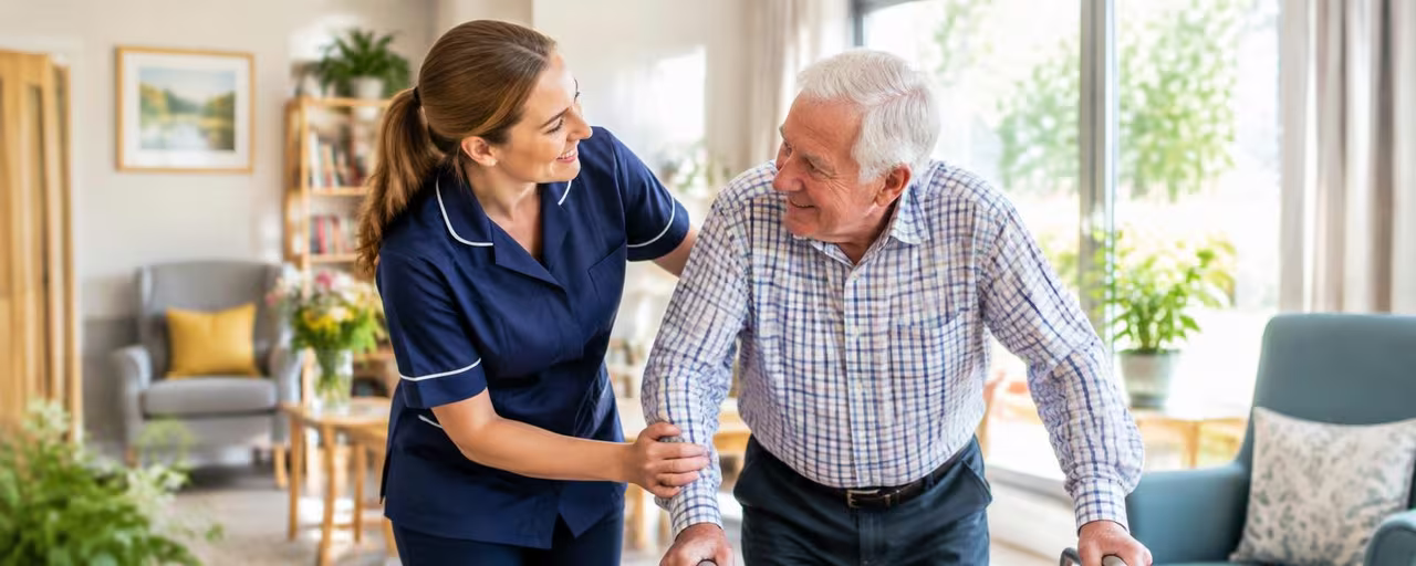 A female carer helping an elderly person in a care facility